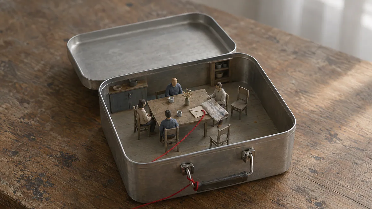 Marmita aberta sobre mesa com miniatura de cozinha, cadeiras vazias e um fio vermelho ligando a alça a um envelope