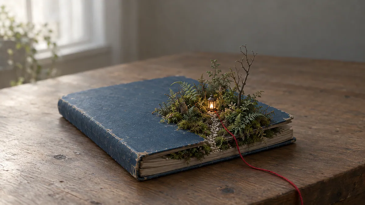 Caderno escolar fechado com um pedaço de mata em miniatura e uma lanterna acesa, ligados por um fio vermelho de lã