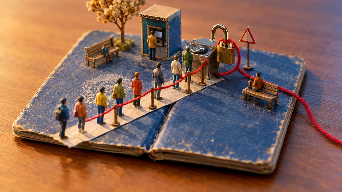 Carteira de trabalho aberta com fila de bonequinhos de maquete até um leitor de digital com cadeado aberto, ligado a um fio vermelho