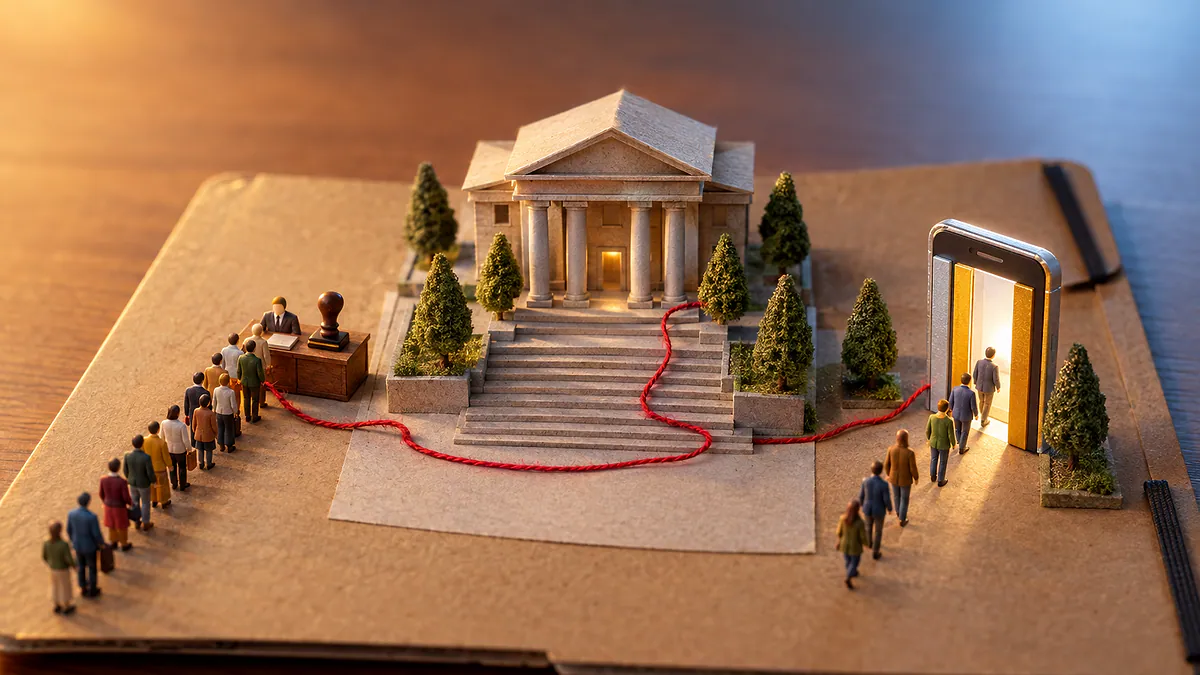 Pasta de processo vira maquete: fila longa no cartório e fila curta passando por porta em forma de celular, ligadas por fio vermelho