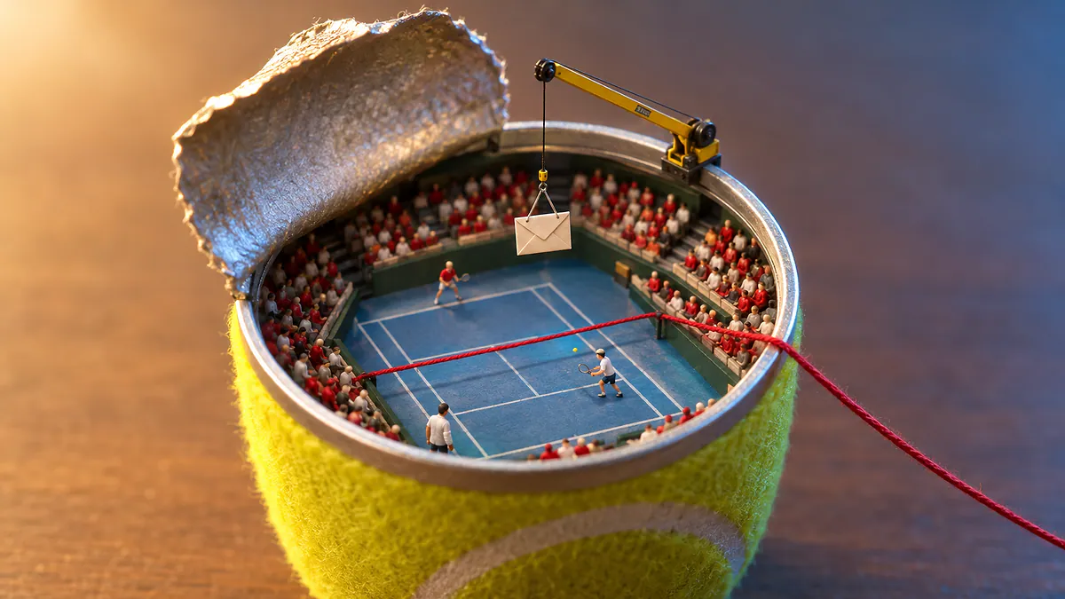 Lata de bolas de tênis aberta com quadra em miniatura, torcida sem rosto, um convite descendo por guindaste e fio vermelho como rede