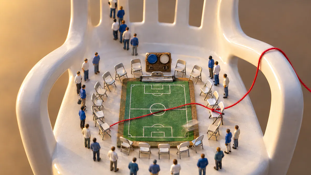 Cadeira de bar com prancheta tática em miniatura, 20 cadeirinhas em roda, bonequinhos em fila e um fio vermelho: Fernando Seabra
