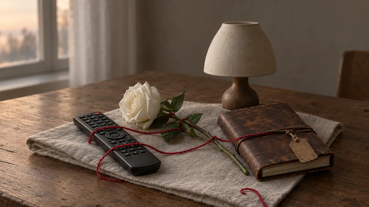 Natureza-morta com controle remoto, rosa branca e um fio de lã vermelho em homenagem a Rose Elias, de A Fazenda