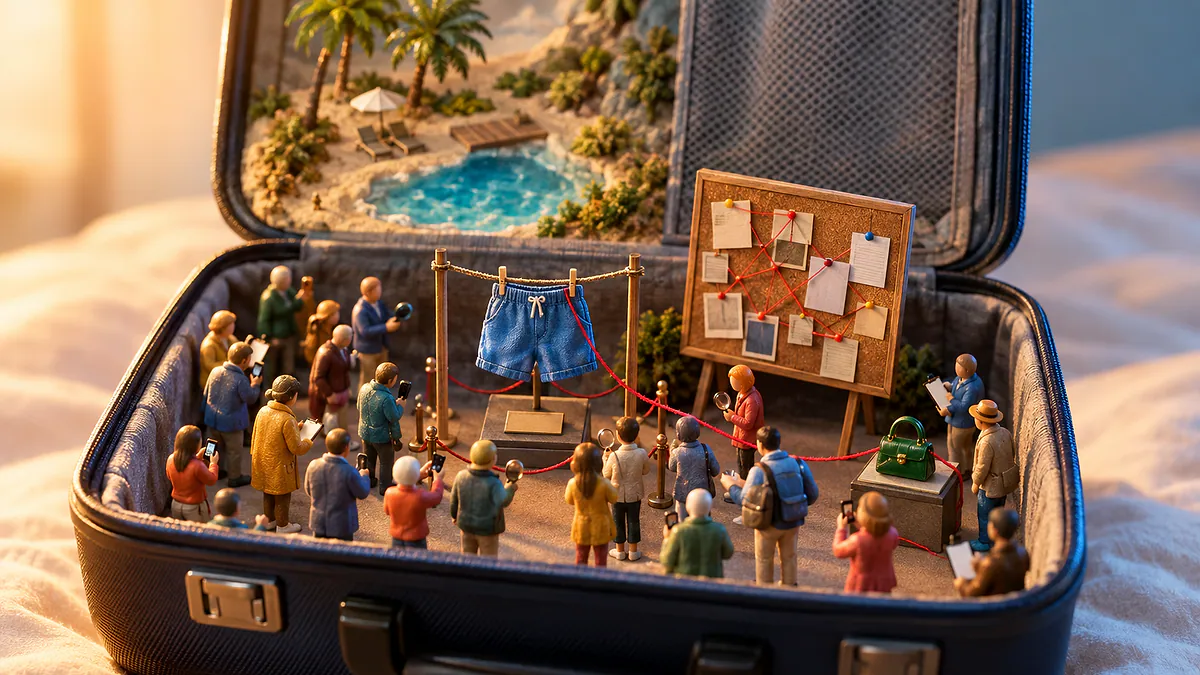 Mala de viagem aberta com miniaturas de pessoas investigando uma bermuda pendurada, ligada por fio vermelho a uma bolsa