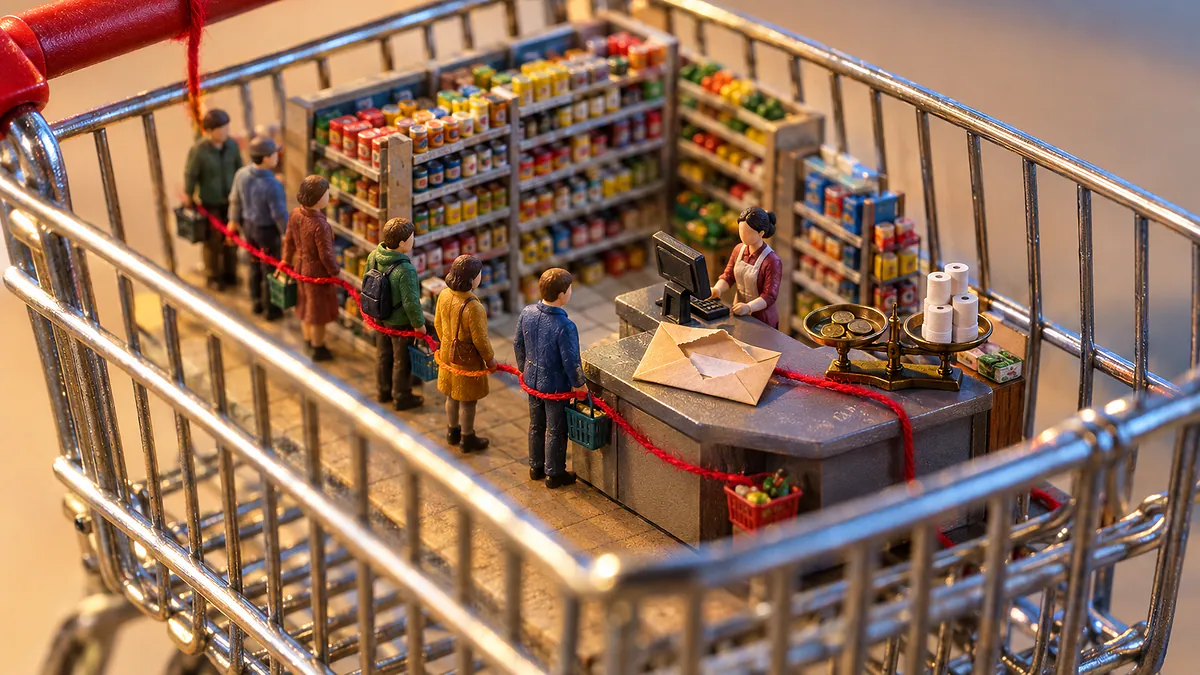 Carrinho de supermercado com maquete de caixa, fila de bonequinhos e envelope lacrado aberto, ligados por um fio vermelho: a CBS