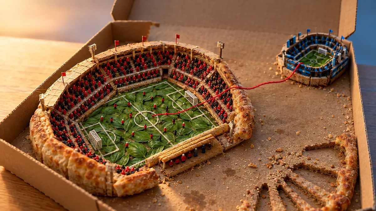 Caixa de pizza com estádio em miniatura, banco de reservas vazio e fio vermelho ligando ao estádio rival, ilustrando o Milan